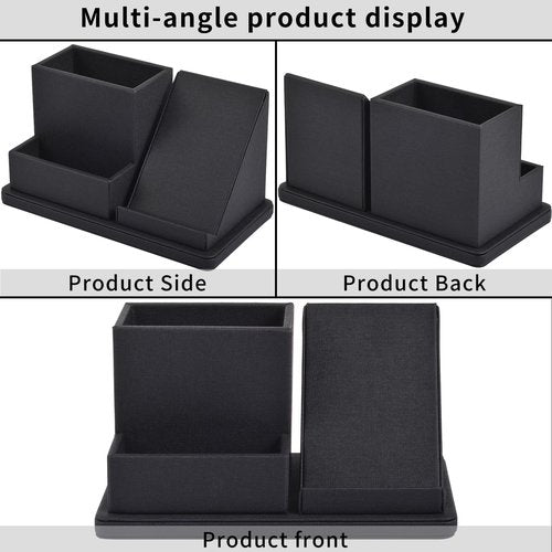 XNONE Pu Leather Desk Pen/Pencil Organizer Multi-Function Cell Phone/Remote Control Storage Box with 3 Compartments Office Supplies Sticky Note Tray Business Cards Holder,Black