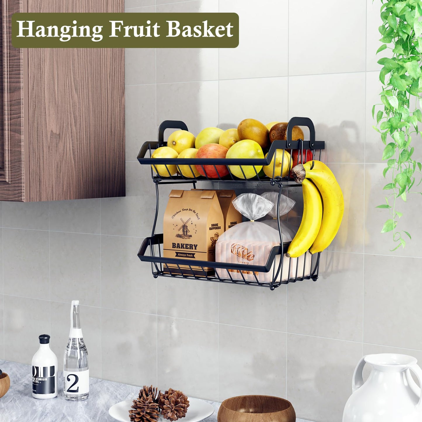 OKZEST 2-Tier Fruit Basket for Kitchen Counter with 2 Banana Hangers, Hanging Fruit Storage Basket Stand, Metal Fruit Organizer Bowl with Handles for Storage Potato Onion Bread Snack Vegetable