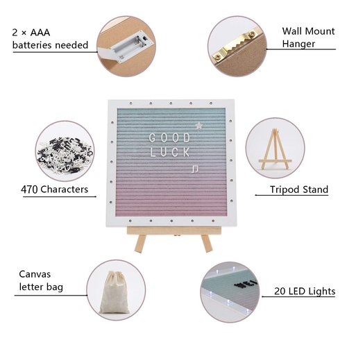 LED Gradient Felt Letter Board Sign with Stand & 470 Letters - 10in × 10in First Day of School Changeable Message Board for Classroom Decor Birthday Gifts Wedding Party