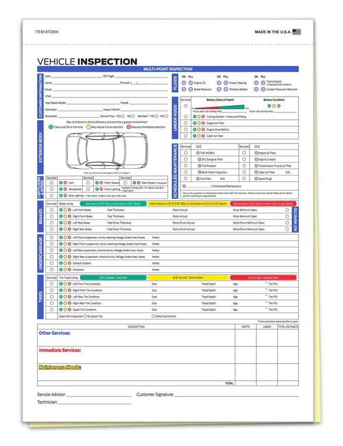 Pack of 250 Sheets F Series Multi-Point Inspection - 2 Part Checklist PER Manufacturer's Recommendation Forms, White with Multi Colored, 8-1/2 inch x 11-3/4 inch
