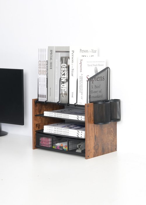 4-Tier Mesh Desk Organizer with Wooden File Holders, 5 Vertical Slots, 2 Pen Compartments, and a Drawer, Desktop Storage Solution for Home Office.