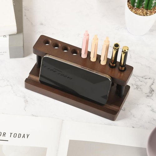 2 Pack Wooden Pen Holder for Desk, Wood Pencil Holder Fountain Pens Display Stand with 9 Slots and Phone Holder, Stylish Office Desk Decor, Pen Organizer for Office, Home