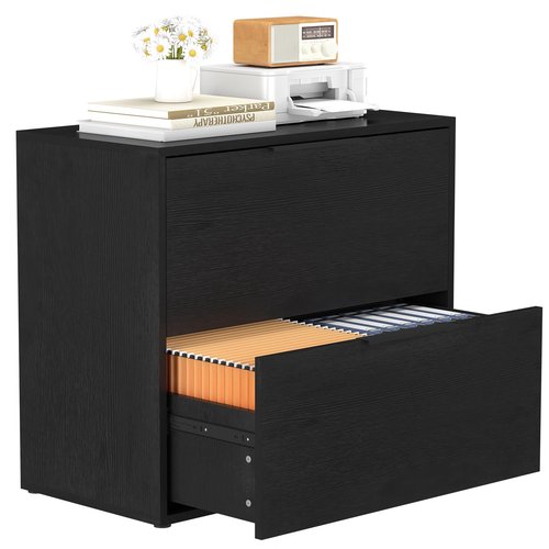 FATIGOS Lateral File Cabinet, Wood Black File Cabinet with Hanging Bars for Letters, Horizontal File Cabinets for Home Office