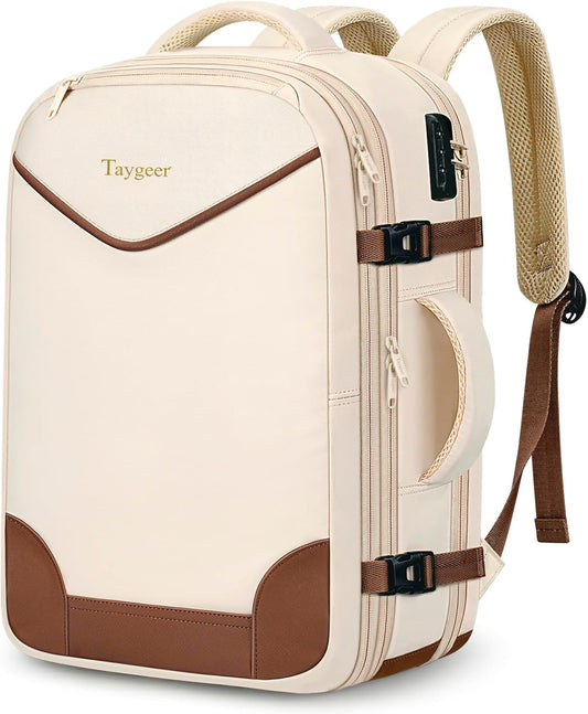 Taygeer 35L Travel Backpack - TSA Approved Carry-On with Lock | Expandable for 15.6" Laptop - Beige & Brown