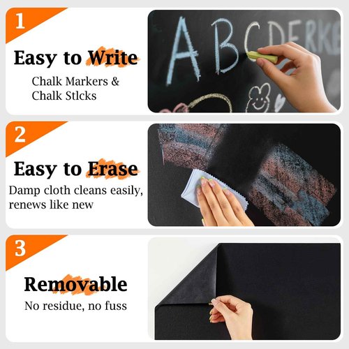 Borskyn Chalkboard Wallpaper Peel and Stick, 17.5"x393.7" Blackboard Contact Paper Self Adhesive, Vinyl Chalk Board Wall Sticker with 8 Colorful Chalks & 1 Rag