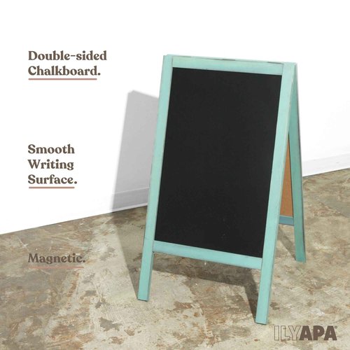Ilyapa Wooden A-Frame Sign with Eraser & Chalk - 40 x 20 in Magnetic Sidewalk Chalkboard – Turquoise Menu Display for Restaurant, Business Or Wedding
