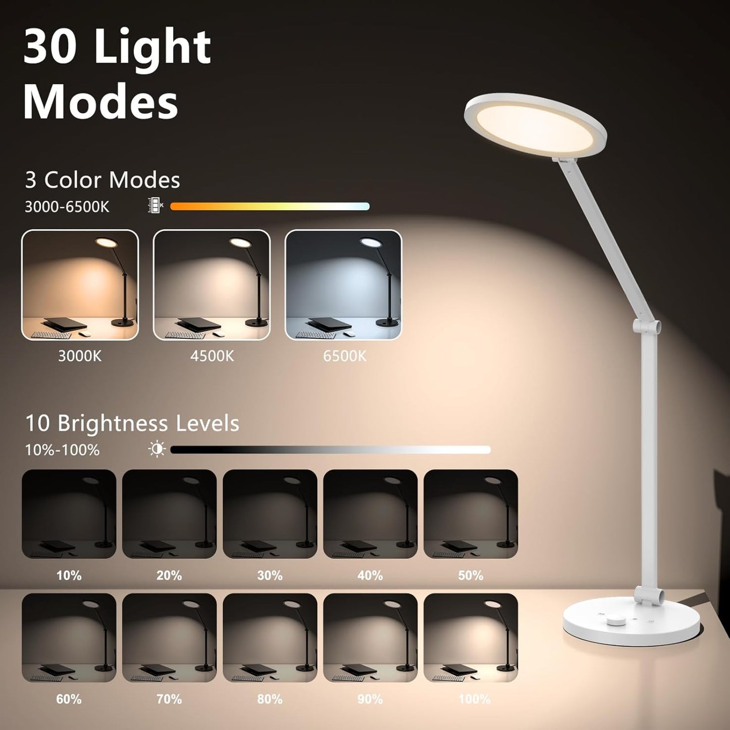 Skiennix Desk Lamp - Metal Swing Arm LED Light with 3 Dimming Modes | 14W 1200LM for Home Office & Streaming