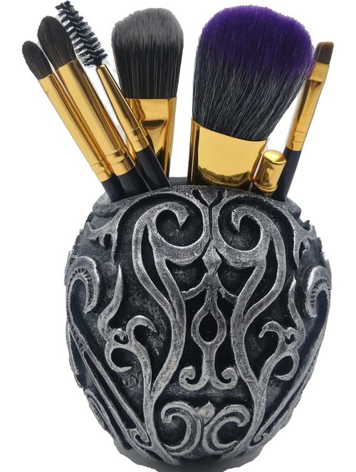 CUZOKOLA Gothic Skull Decor Makeup Brush Holder Vanity Decor with Strong Resin,Pen Holder for Home Office Desk Decorative&Succulent Flowerpot (Silver)