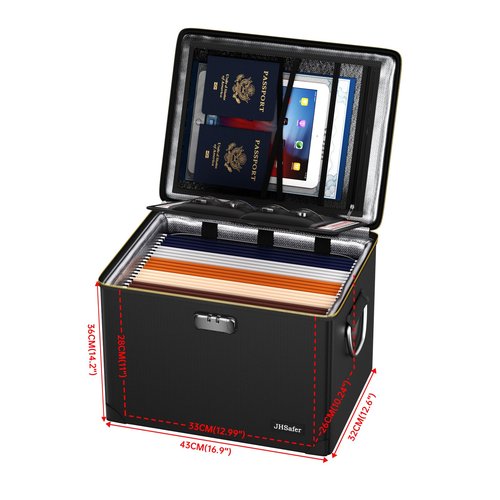 Fireproof Document Box with Fireproof Zipper,Hard Case Fireproof File Box with Lock,Insulated Non-Foldable Fireproof File Cabinet Large Portable Home Office File Organizer for Hanging Letter Folders