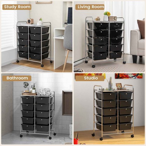 HOMGX Rolling Cart with 10 Drawers, 10 Tiers Multicolor Trolley, Drawer Bin Carts with 2 Lockable Wheels, Adjustable File & Debris Organizer Cart, Rolling Storage Cart for Office, School, Home