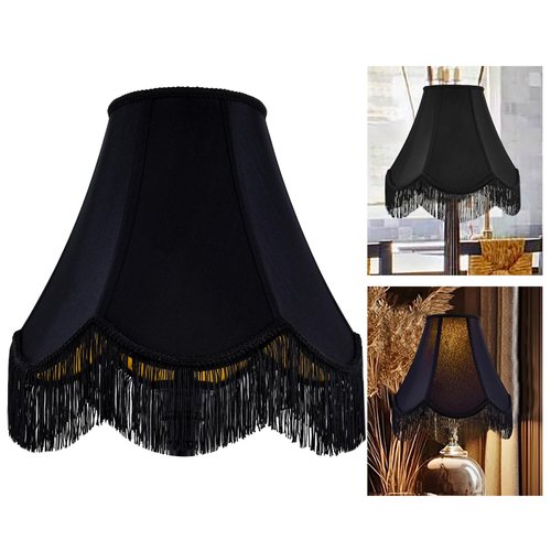 GO&SO Black Silk Bell Lamp Shades Petal Edge Braid with Black Fringe Trim, 6"x13"x10.6"(Spider), Classic Scalloped Lamps Shade Hand Crafted, Replacement Lamp Shades for Table,Floor Lamps,Easy Assembly