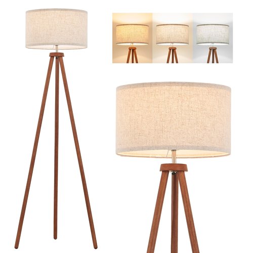 ELYONA Wood Tripod Floor Lamps for Bedroom, Vintage Standing Light 3 Color Temperatures LED Bulb Included & Beige Linen Shade, Tall Floor Lamp for Living Room Office Study Room, Brown & Nickel Metal