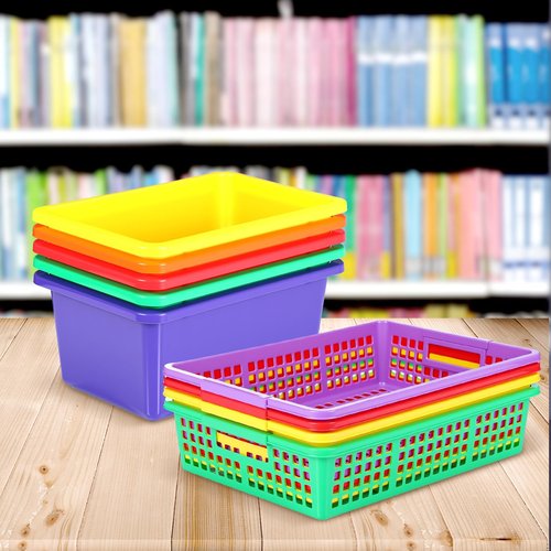 Blosssound 12 Pack Storage Bin Basket Organizers with Label Stickers 6 Plastic Toy Storage Containers 6 A4 Paper Plastic Trays Stackable Organizer Set for Classroom Library Home School Supplies