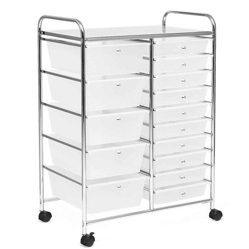 BETTARY 15 Drawer Rolling Cart, Tools Scrapbook Paper Organizer w/Removable Drawers & 4 Universal Wheels, Multipurpose Lightweight Cart for Supermarket, School, Office, Home Compact Space (Clear)