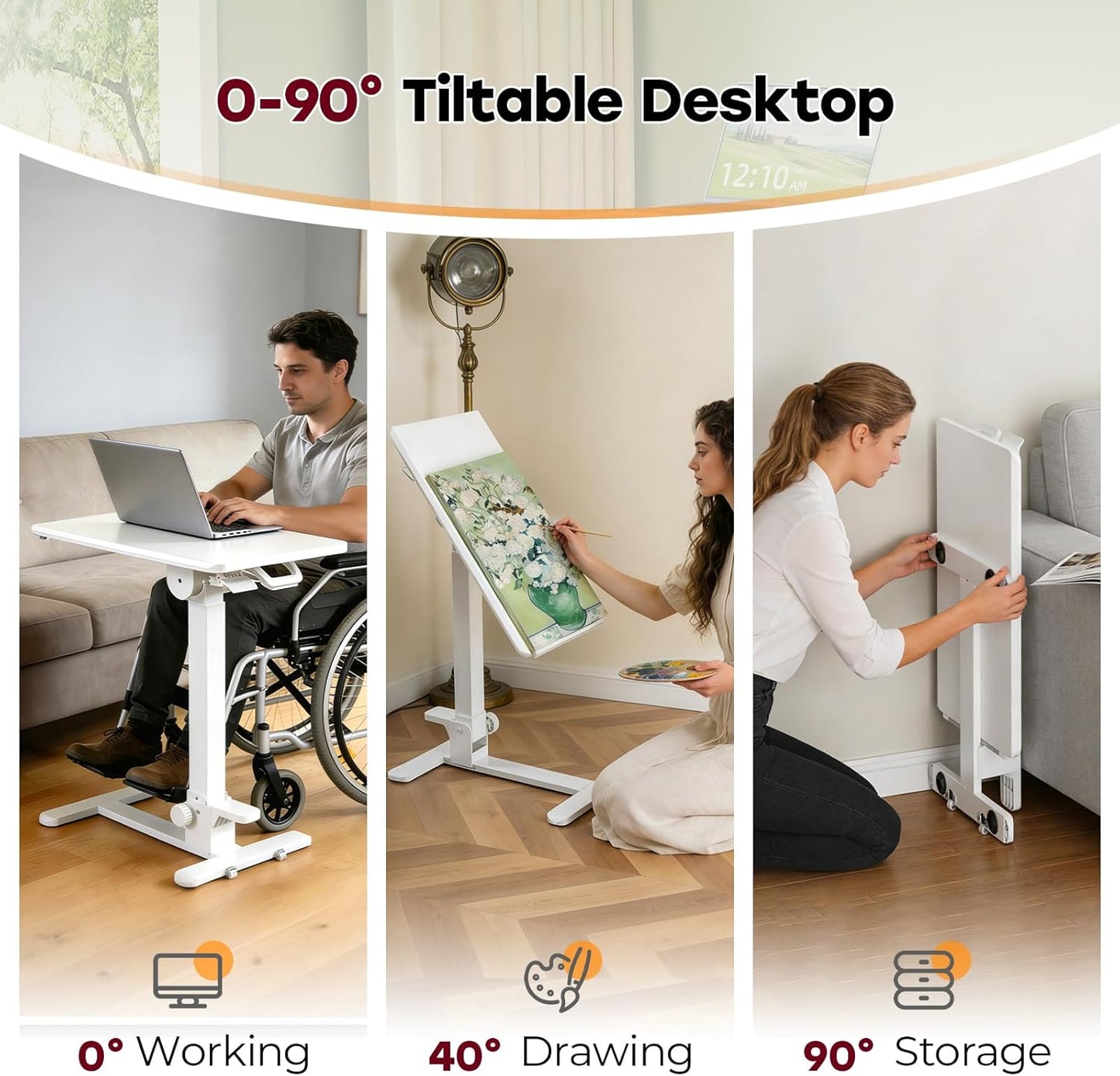 Skiennix Foldable Mobile Standing Desk - 27 Inch Adjustable Rolling Laptop Cart | Portable White Workstation