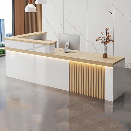 l Shaped Reception Desk with Counter, Salon Front Reception Desk with LED Light & Lockable Drawer, Modern Retail Checkout Sturdy & Well Built for Lobbies, Office, SOHO, Shop