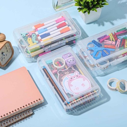 Blulu 25 Pack Double Layer Pencil Boxes Set, Large Capacity Plastic Pencil Cases with Snap-Tight Lid Plastic Pen Storage for Operation Christmas Donation Supplies Stationery Office Home(Clear)