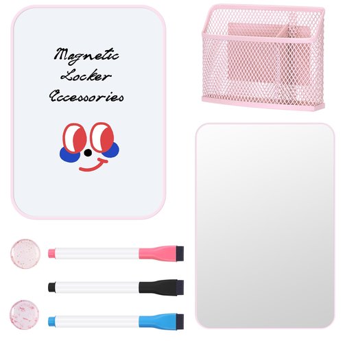 HAUTOCO Locker Accessories for Girls 8PCS Pink Locker Decoration Organizer Supplies with Magnetic Whiteboard, Magnetic Mirror, Pen Holder, Dry Erase Markers and Magnets, Back to School Essentials