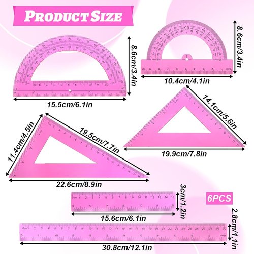 Skiennix 6-Piece Plastic Ruler Set - Includes 12" & 6" Rulers, Protractors, & Triangle Rulers | Pink Geometry Tools for School & Office