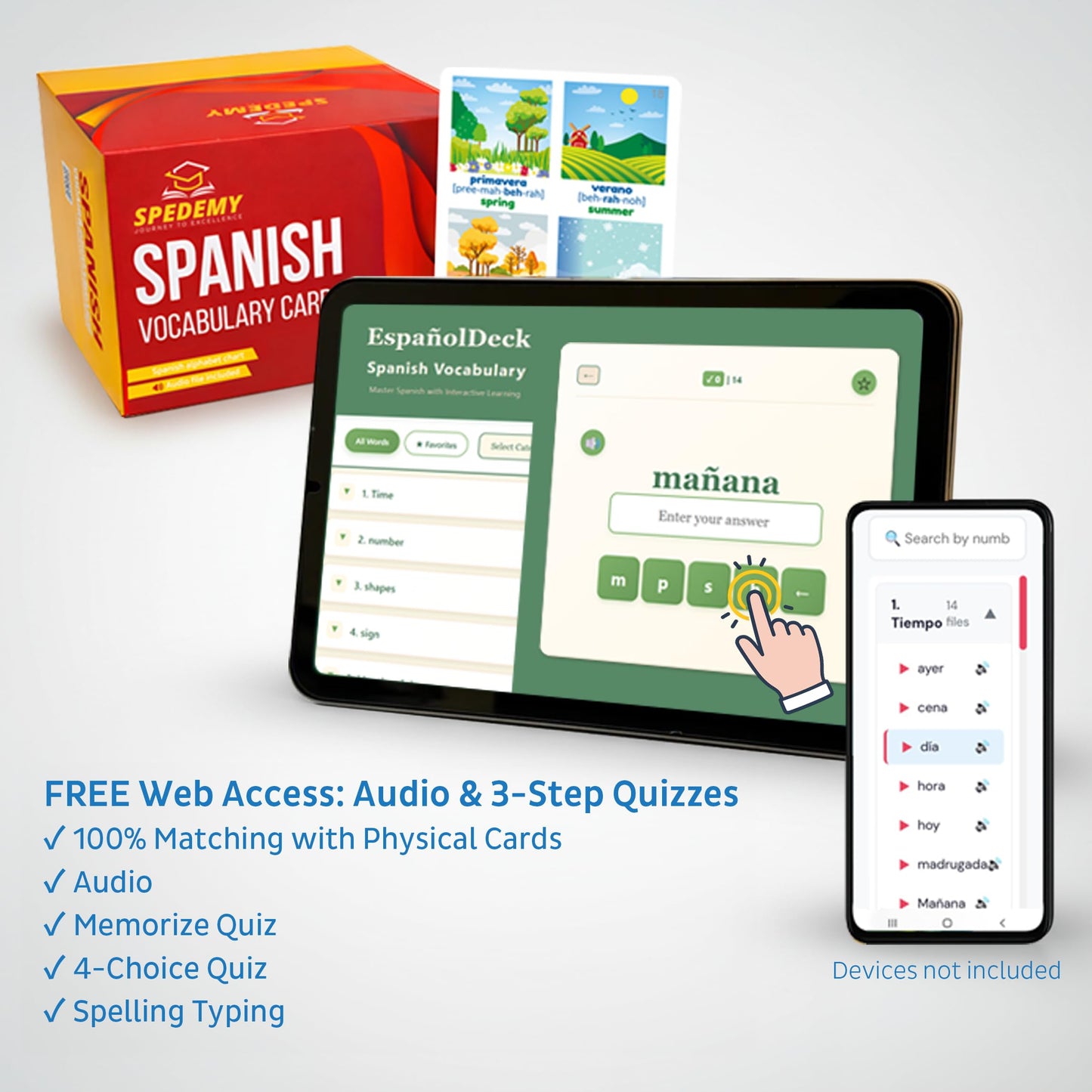 Spanish Vocabulary Cards for Kids & Adults Beginners - 276 Bilingual Study Cards 720 Words with Interactive Web Learning Portal: Native Audio, 4-Step Quizzes, Typing Games - Learning Resource
