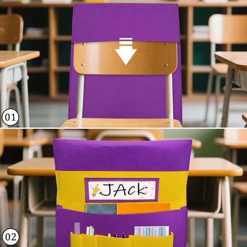Icegrey 12 Pack Felt Chair Back Pocket School Seat Chair Storage Pocket Organizer with Label Slot Multiple Pockets for School Home Classroom Kindergarten, Blue Yellow