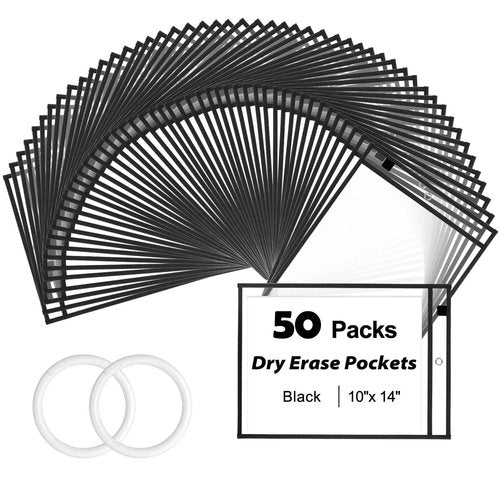 EEHZTSI 50 Packs Dry Erase Pocket Sleeves with 2-Ring, Reusable Clear Plastic Classroom Sleeves, 10x14 Inch Ticket Holders, Plastic Sleeves for School/Office Organization