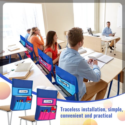 Lewtemi 2 Pcs Desk Chair Seat Back Organizer with 5 Pockets Chair Pockets for Classrooms School Seat Chair Storage Pocket Chart with Name Label Slot for Home Office, 18 x 19 Inch(Blue, Rose Red)