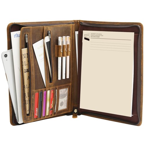Ringsun Genuine Leather Portfolio with Zipper for Men Women, Padfolio Business Resume A4/Pad, Folder Organizer, Brown, RS01