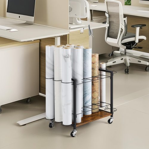 Blueprint Storage Rack Cart, 18 Slots Blueprint Holder with Wheels, Vinyl Roll Holder for Map Poster Architectural Construction Plan, Roll File Organizer for Home, Office, School, Rustic Brown