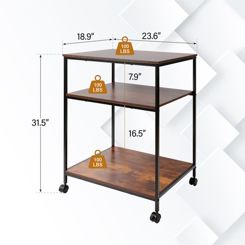 Sutex Large Printer Stand, 23.6" W x 18.9" D x 31.5" H Large Printer Table with Adjustable Storage Shelf, 3 Tier Rolling Printer Cart with Wheels for Home Office- Support 100 LBS Each Tier