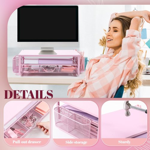Kosiz 21 Pcs Pink Office Desk Organizers and Accessories Computer Monitor Stand with Drawer Pen Holder Stapler Tape Dispenser Sticky Note Clips Pen Highlighter Scissors Aesthetic Accessories for Woman
