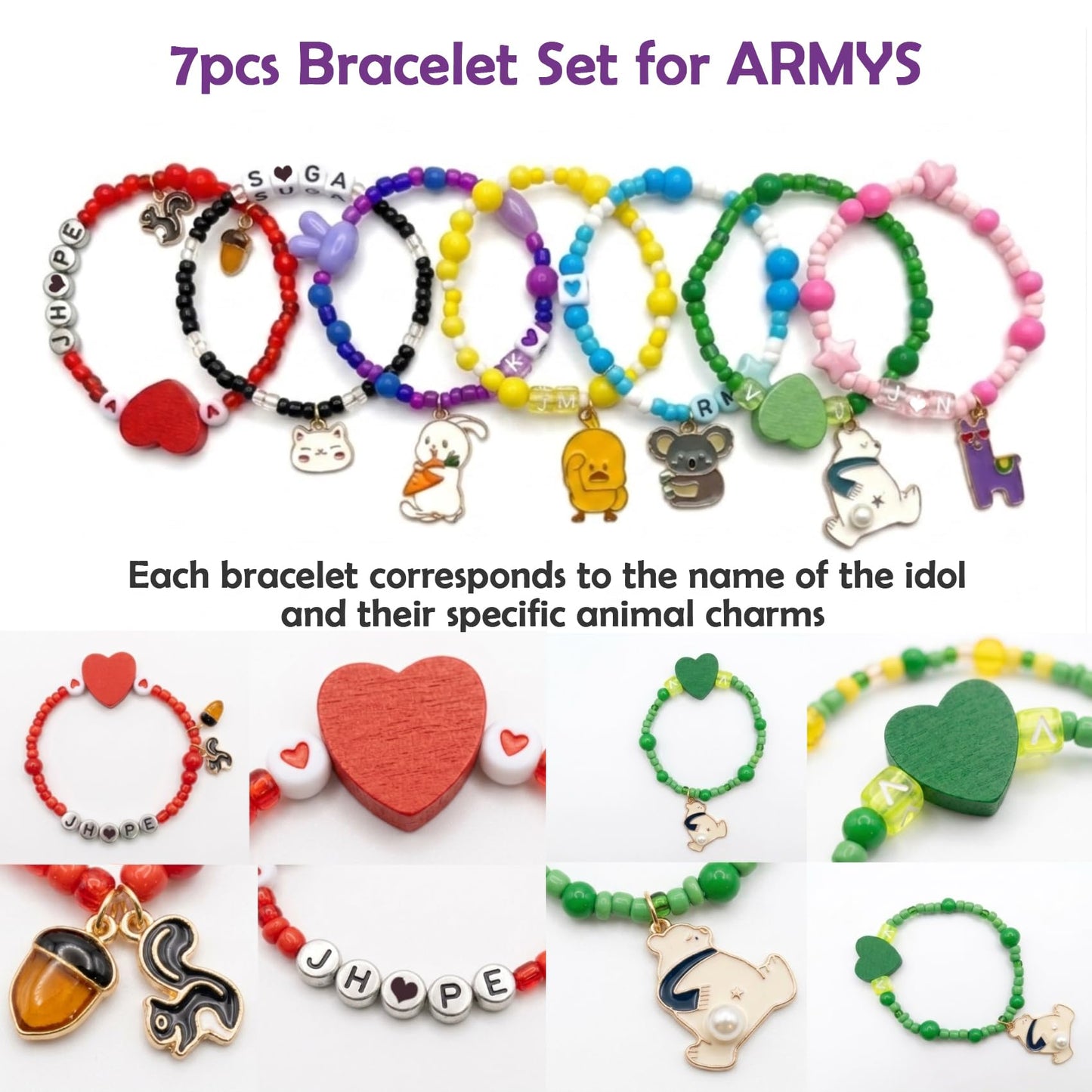 Fasmium 7 PCS Army‘s Bracelets Set - K-pop Inspired Friendship Beaded Bracelets with Letters & Charms - Unique Dream Jewelry Gifts Merch