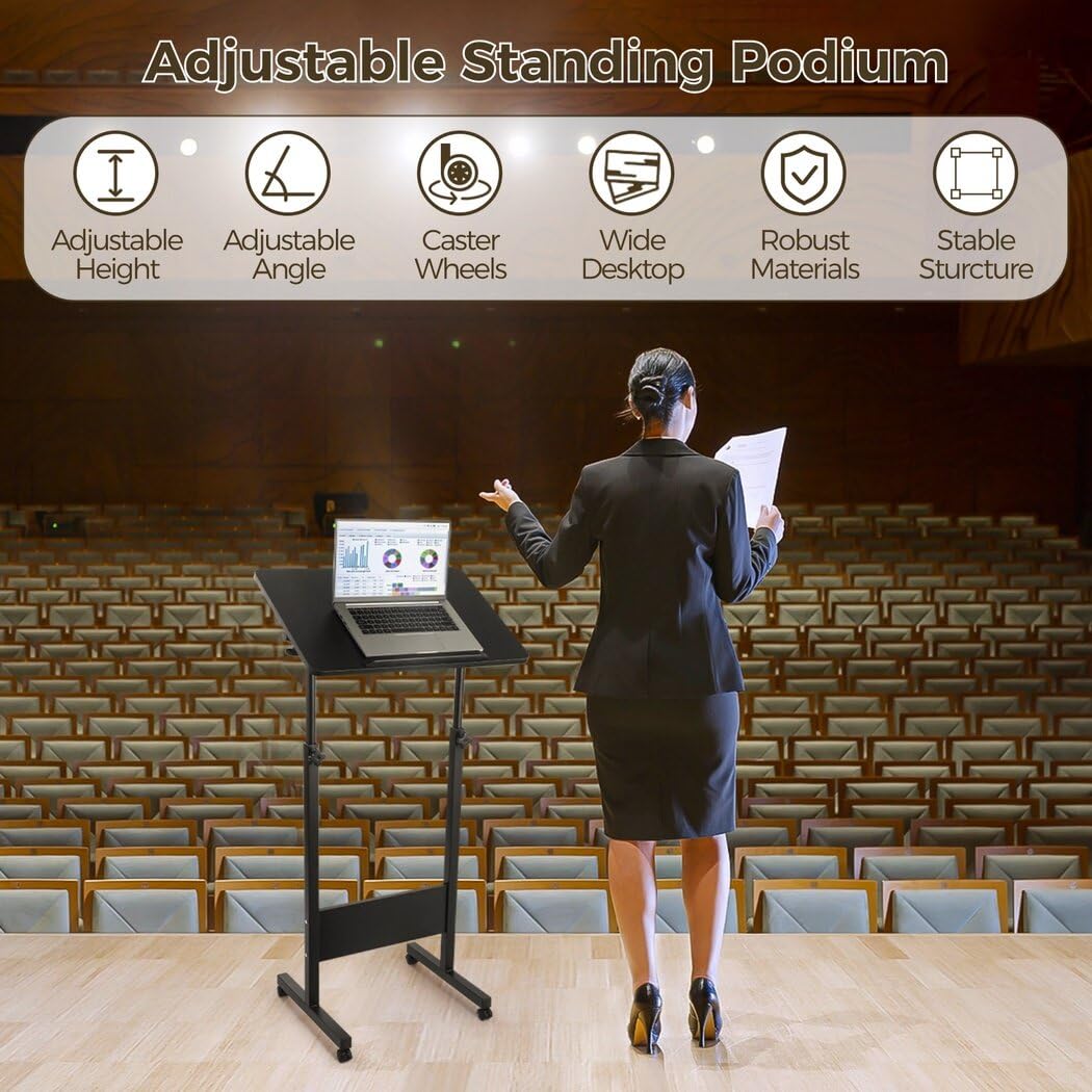 Joyoolife Mobile Podium, Adjustable Standing Desk with Caster Wheels, Adjustable Height 360° Swivel Desktop, Versatile Podium Laptop Desk Stand Up Desk Easel Presentation Lectern (Black)