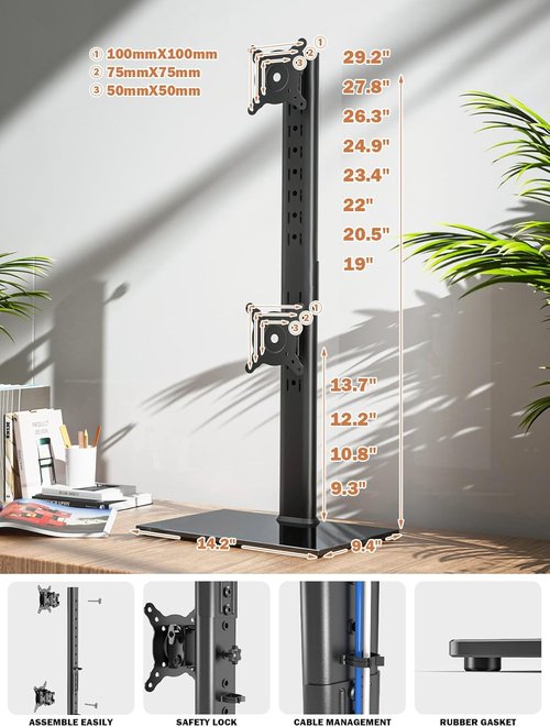 Dual Monitor Stand | Adjustable Vertical Riser for Two 13-34 Inch Screens - Swivel & Tilt, Holds Up to 44 lbs
