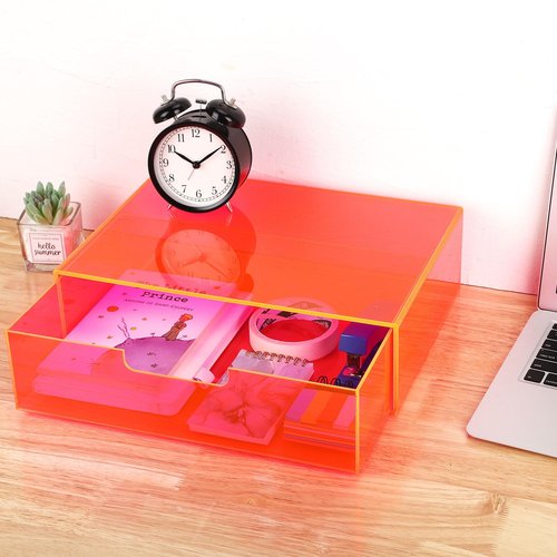 Gelite Acrylic Desk Organizer with Drawer for Makeup Vanity Stackable Desktop Storage Box for Office Supplies, 13.8 x 9.8 x 3.9’’, Neon Pink