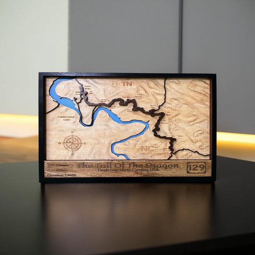 3D Wooden Topographic Map Wall Art, Tail of the Dragon, Deals Gap NC, Calderwood Lake Region, 129 Highway