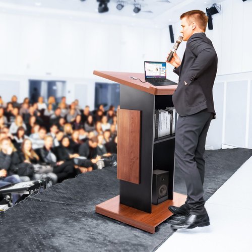 Vakiorn Wood Podium Stand with 4 Lockable Wheels，44.6“ Wooden Lectern with Storage，Wooden Standing Pulpit with Wire Hole for Church Office School Home Conference Restaurant Meeting Auditorium