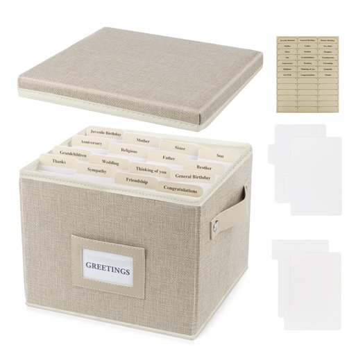 Greeting Card Organizer Box with 16 Dividers,Collapsible Greeting Card Storage Box with Handles Hold 150+ Cards,Greeting Card Holder for Greeting Cards,Sticker, Recipes, Photo, Envelope (Beige, 1 pcs)