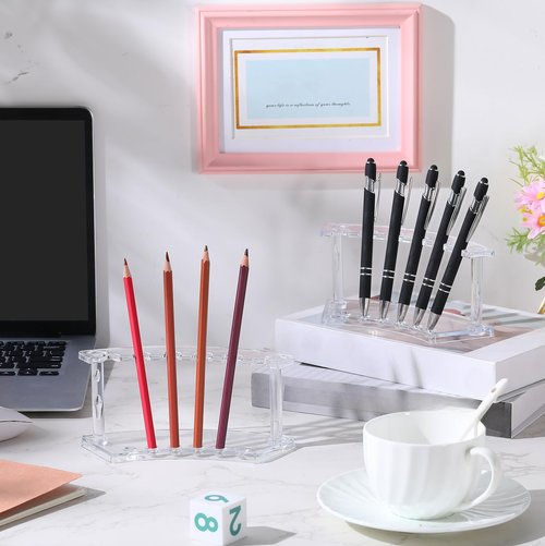 Teling 15 Pieces Plastic Pen Holder Acrylic Pencil Display Stand 6 Slots Acrylic Pencil Holder Vertical Eyebrow Pen Stand Makeup Brush Rack Organizer for School Office Home Store Desk Supplies (Clear)