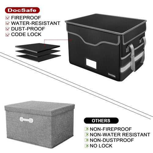 DocSafe Fireproof Document Box with Lock, File Storage Organizer with Mesh Pockets, Collapsible Portable File Box Home Office Safe Filing Cabinet with Handle for Hanging Letter/Legal Folder, Black