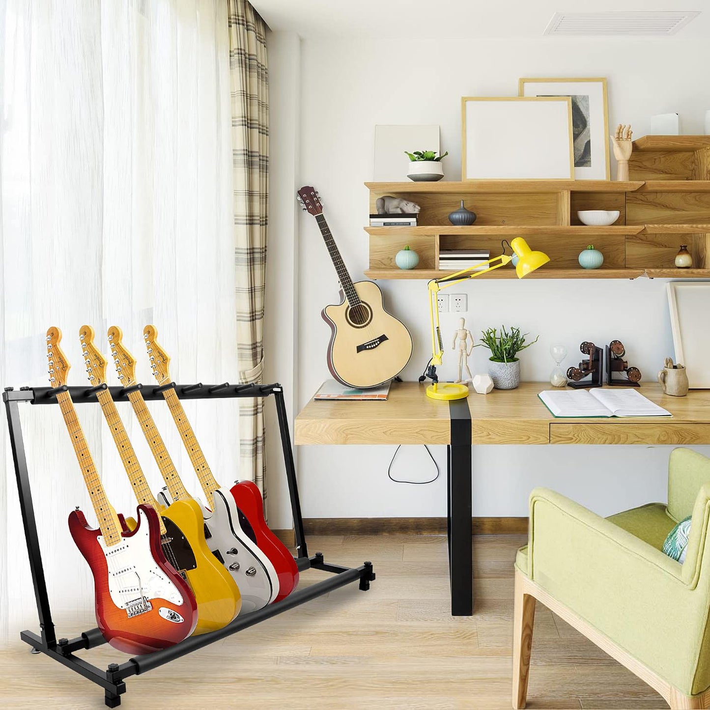 Kuyal Multi-Guitar Display Rack Folding Stand - Band Stage Bass & Acoustic Guitar, Black (7 Holder)