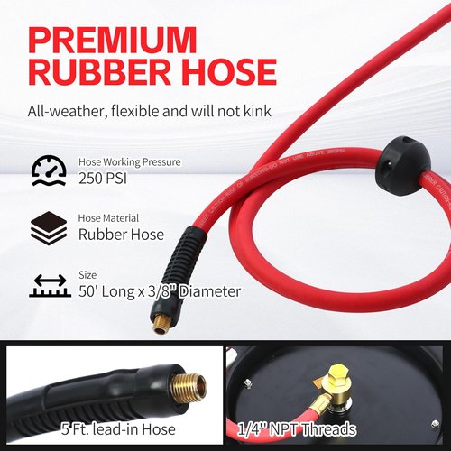 MaxWorks 50-Foot Retractable Air Hose Reel - 3/8" Heavy-Duty Rubber Hose, 250 PSI, Brass Fittings | Ideal for Garage & Workshop