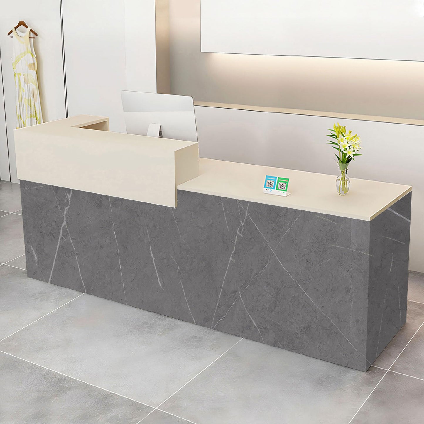 Modern Reception Desk with Drawer & Open Shelves, 39-95 Inch Front Counter Table, Computer Workstation Suitable for Salons, Offices, Lobbies, Retail Stores and Home Offices