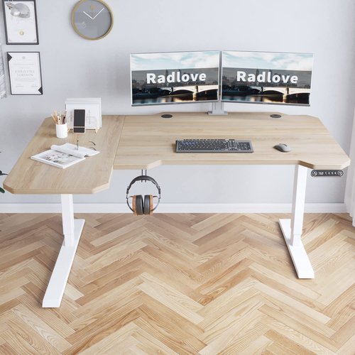 Radlove 59-Inch Large Electric Height Adjustable Computer L-Shaped Desk with Memory Controller Corner Standing Desk Modern Workstation with Splice Board Ergonomic Desk (White Frame + Oak Top)