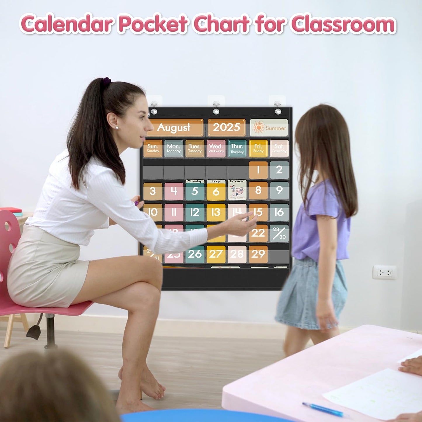Jercecy 48 Pockets Classroom Calendar for Kids Learning, Pocket Chart Calendar Decor with Special Educational Cards, Teacher and Classroom Must Have Supplies, Boho