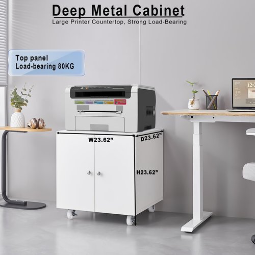 FURSTEL Home Office Printer Stand with Storage - Mobile on Wheels Printer Cabinet, File Cabinet with Door & Adjustable Shelf, White, Compatible with Printer, Scanner, Fax, Computer