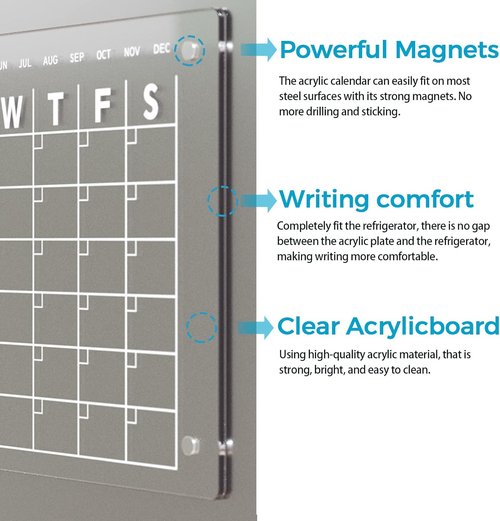 Magnetic Acrylic Calendar - 17"x12" Clear Dry Erase Board for Refrigerator | Includes 4 Markers & Eraser
