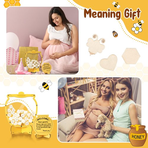 Chunful 83 Pcs Bee Baby Shower Guest Book Alternatives Set Baby Shower Decorations with 1 Wooden Welcome Sign, 60 Wood Slices, 20 Bee Decor and 1 Ballpoint Pen for Birthday Party