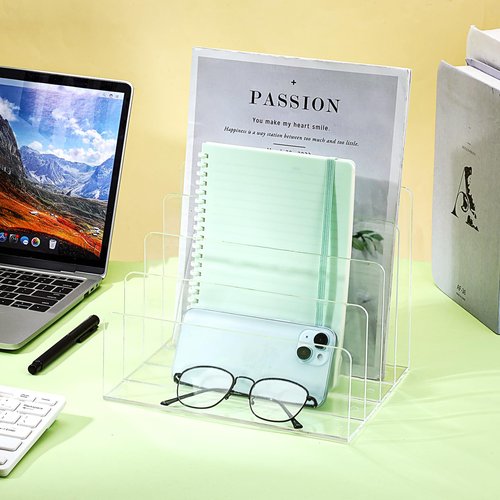 Hariendny 4 Compartments Acrylic File Organizer for Desk, Vertical Letter Holder, Mail Organizer Letter Holder, Acrylic Desk Organizer for Document, Notebook, Letter, 9" x 7" x 7"