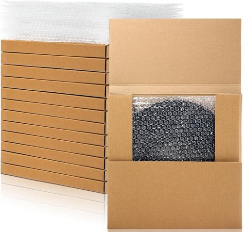 Janlaugh Vinyl Record Mailers - 10 Sets of 12.6" x 12.6" Easy Fold Shipping Boxes with Fragile Stickers & Bubble Bags